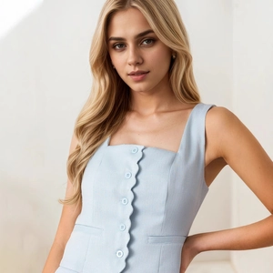 Detailed scalloped edge and front buttons on a light blue square neck sleeveless top