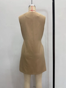 Khaki sleeveless vertical striped dress with slim fit and round neck for summer wear