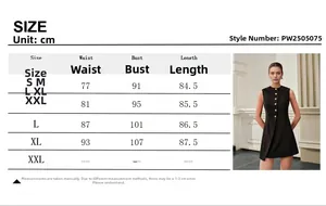 Size chart showing S-XL measurements for a sleeveless dress with metal buttons