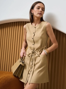 Women Casual Sleeveless Button Front Mini Dress With Waist Tie Pockets Polyester Rayon Stripe Summer Office Elegant Short Dress