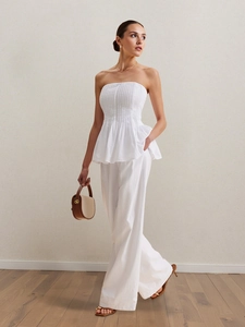 Ensemble Femme Élégant en Rayonne Blanche Top Bustier Plissé et Pantalon Long à Jambes Larges Taille Haute Costume d'Été