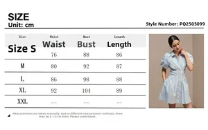 Size chart for lapel striped mini dress including waist bust and length dimensions