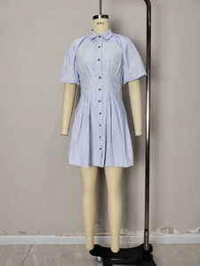 Blue and white striped shirt dress with puff sleeves and button-down front design