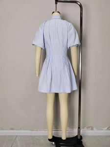 Elegant blue and white striped shirt dress with puff sleeves and A-line silhouette