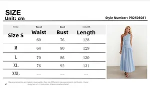 Size chart detail for sleeveless one-shoulder light blue slim fit maxi dress for women