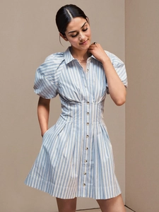 Women Summer Striped Shirt Dress Elegant Short Puff Sleeve Lapel Button Down High Waist Pleated A-Line Mini Dress