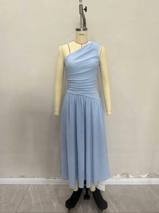 Elegant light blue one-shoulder ruched maxi dress with textured fabric for women