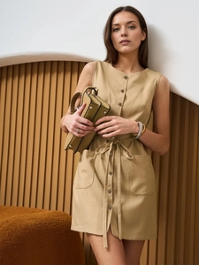 Beige sleeveless button-down mini dress with striped texture and waist tie detail