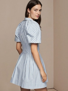 Elegant blue and white vertical striped mini dress with short sleeves and pleated hem