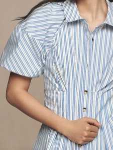Detailed close-up of blue striped shirt dress with dark buttons and pleated waist