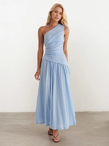 Women Elegant One Shoulder Maxi Dress Ruched Waist Light Blue Seersucker A-Line Asymmetric Summer Party Vacation Long Dress