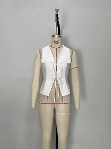 Elegant white sleeveless vest with lace trim and tie front closure for women