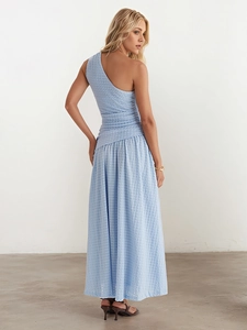 Elegant sky blue one-shoulder maxi dress in textured seersucker fabric for women