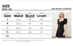 Detailed size guide table with measurements for French style short black dress