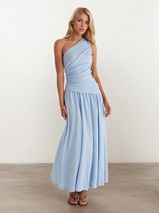 Elegant sky blue one shoulder maxi dress with pleated texture and flowy summer silhouette
