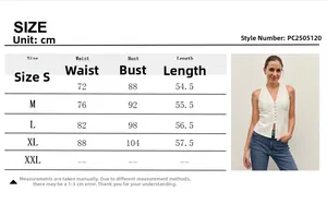 Detailed size chart for the white lace V-neck vest showing bust and waist measurements