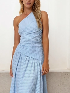 Elegant light blue one shoulder slim fit maxi dress in textured fabric for women