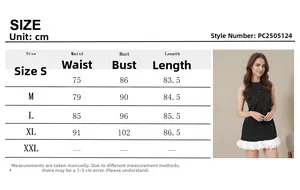 Size chart for black sleeveless A-line dress with polka dots and ruffled hem details