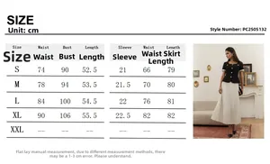 Detailed size chart in cm for French style T-shirt and pleated skirt two-piece set