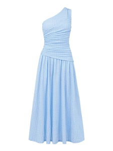 Detail of light blue one-shoulder dress with textured smocked fabric and pleated bodice