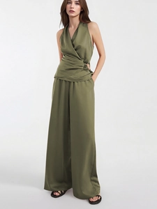 Haut Croisé Dos Nu en Satin Et Pantalon Large à Taille Haute Tenue d'Été Élégante et Chic en Satin Drapé