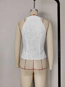 Elegant white lace V-neck sleeveless vest with floral hollow design and slim fit cut