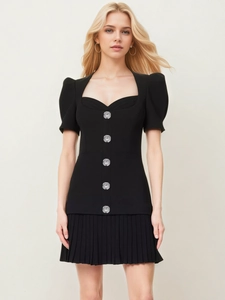 French Vintage Black Button Mini Dress Short Puff Sleeve Pleated Hem Elegant Slim Fit Evening Dress For Women Office