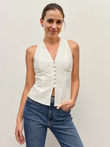 Women Elegant White Lace V Neck Sleeveless Vest Top Single Breasted Slim Fit Floral Halter Waistcoat Fashion Summer Apparel