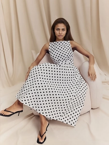 Vestito Lungo Vintage a Pois per Donna Senza Maniche Girocollo Vita Alta Linea a Elegante Estate Poliestere Bianco
