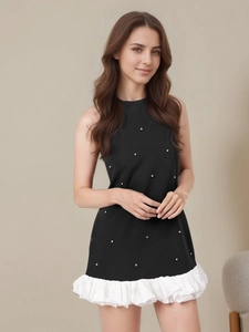 Elegant Halter Neck Sleeveless Mini Dress Women Black White Patchwork Ruffle Hem Rhinestone Inlaid A-Line Party Sundress