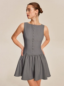 Ärmelloses graues A-Linien-Minikleid für Damen mit Knopfleiste und Rüschendetails