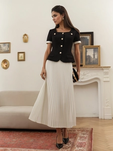 French Style Elegant Women Skirt Set Contrast Trim Short Sleeve T-Shirt And High Waist Pleated Midi Skirt Top And Bottom Suit
