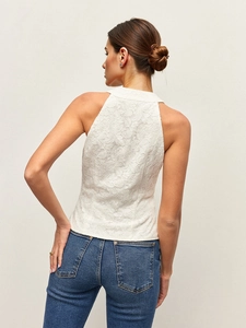 Slim fit white V-neck sleeveless lace vest for women with floral lace texture and backless design