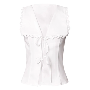 Detailed view of white sleeveless top featuring intricate lace trim and lace-up bow closure