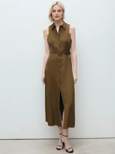 Abito a Camicia da Donna Elegante Senza Maniche in Tencel Tinta Unita Con Bottoni e Spacco Maxi Vestito Con Cintura