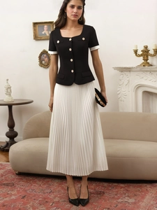 Elegant two-piece set with black square neck top and white pleated midi skirt for women