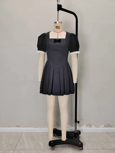 French style vintage black mini dress with square neck, puff sleeves and pleated skirt
