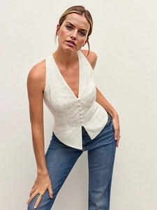 White V-neck lace vest top for women featuring front buttons and intricate floral texture