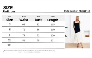 Detailed size chart for elegant sleeveless contrast color dress with sizing measurements