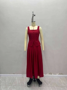 Women's 2-piece deep red sleeveless vest and high-waist pleated maxi skirt set
