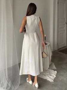 Elegant white sleeveless midi dress with belt and pearl buckle for office wear