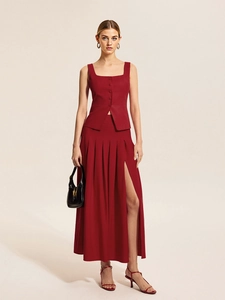 Elegant Women Square Neck Sleeveless Vest And High Slit Pleated Midi Skirt Polyester Spandex Commuter Red Vest And Skirt