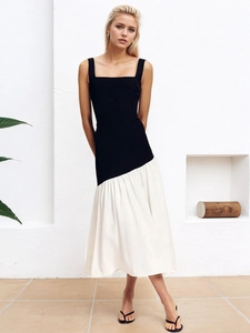 Elegant French Black And White Color Block Sleeveless Maxi Dress For Women Asymmetrical Pleated A-Line Midi Dress