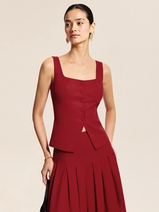 Women's dark red two-piece suit with sleeveless button-up vest and pleated maxi skirt
