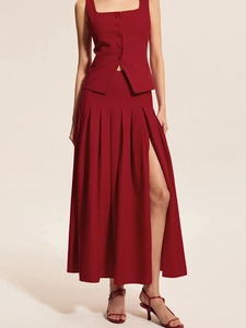 Elegant wine red two-piece suit with buttoned vest and high-waisted pleated maxi skirt