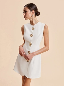 Robe Mini Trapèze Sans Manches Élégante Pour Femmes Avec Boutons Dorés Gaufrés Bord Festonné Couleur Unie Taille Haute Bureau Été Fête
