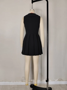 Elegantes schwarzes ärmelloses Plissee-Kleid mit Spitzen-V-Ausschnitt in Rückansicht