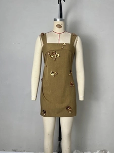 Brown sleeveless mini dress with square neck and gold sequin floral embroidery