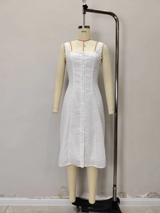 Elegant white square neck sleeveless midi dress with hollow lace embroidery and buttons