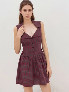 Damen Französisch Vintage Rot Kariert Ärmellos Mini Kleid Elegant Polo-Kragen Slim Fit Tartan A-Linie Knopf Sommerkleid